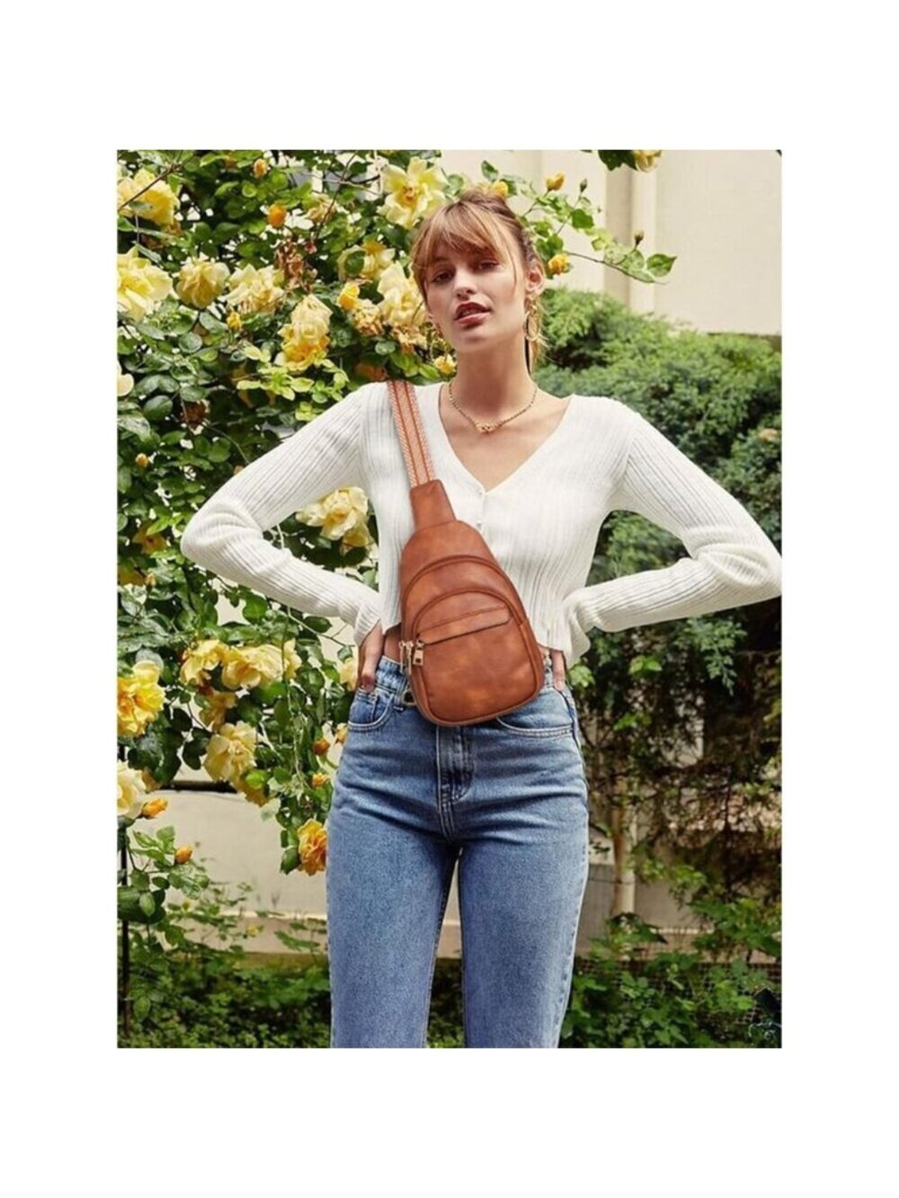 Leather Sling 0-brown Bag Women Small Crossbody Fanny Pack Shoulder Chest Bag - Picture 3 of 9